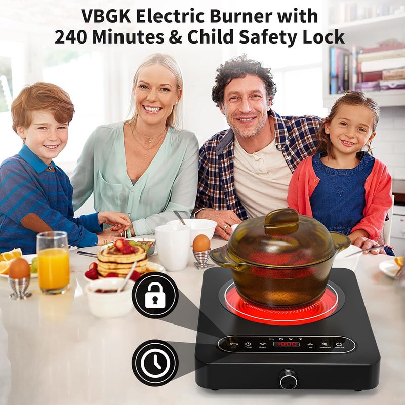 Bgk Single Burner Electric Cooktop, 110V 1800W Electric Cooktop with LED Touch Controls and Knob Controls, 10 Power Levels, 4-Hour Timer, Safety Lock, Single Burner Overheat Protection - Image 2